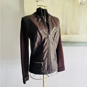 Boston Proper XS Genuine Leather Brown Mixed Media Moto Jacket Ribbed Knit